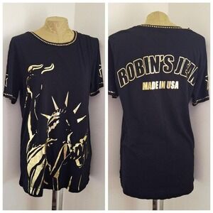 Robin's Jean Mens black t-shirt gold Statue of Liberty graphic studded trim med
